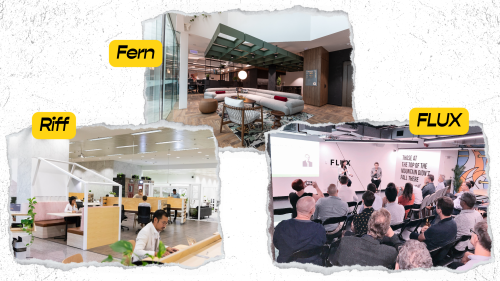 Collage showing Spacecubed's Perth City workspaces: Riff, Fern, and FLUX.