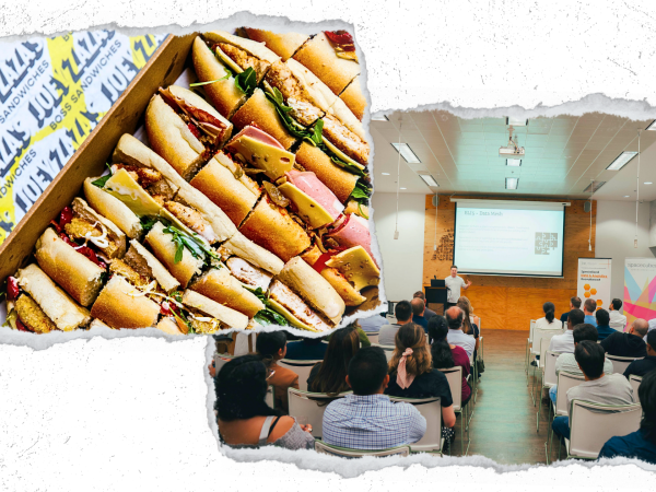 Top Left: Joey Zaza's sandwich catering platter. Bottom Right: Group attendees at an event hosted at the Riff space.