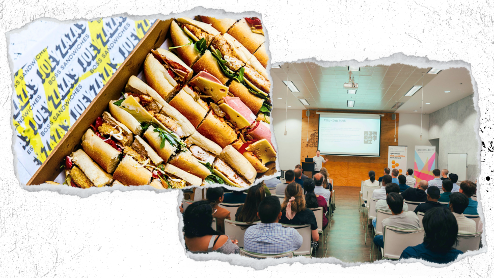 Top Left: Joey Zaza's sandwich catering platter. Bottom Right: Group attendees at an event hosted at the Riff space.