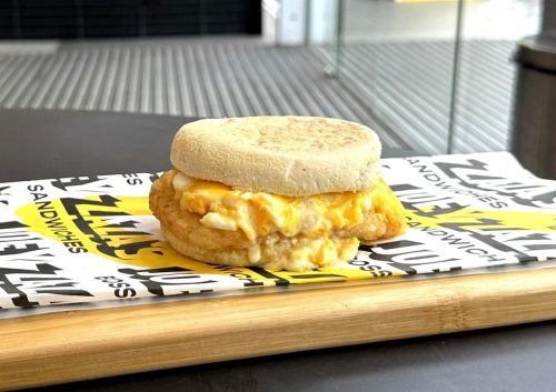 Get ready for our breakfast sandwich that brings on the shits and giggles, What the HEC?! Stuffed with hashbrown, egg, and cheese.