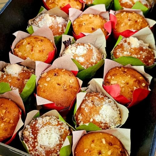 Apple crumble and salted caramel muffins in Christmas-themed packaging available for delivery in Perth CBD and surrounding suburbs. Order from Joey Zaza's Xmas corporate catering.